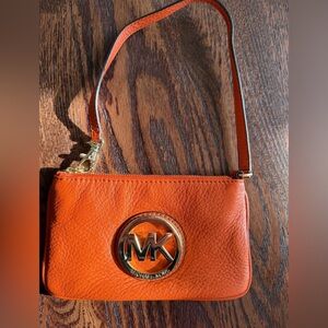 Michael Kors Orange Pebbled Leather Wristlet MK Logo Bag